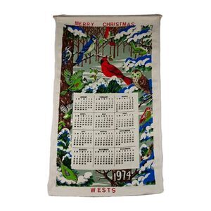 Vintage 1974 Winter Birds Decorative Linen Cloth Calendar 27.5 x 16.5